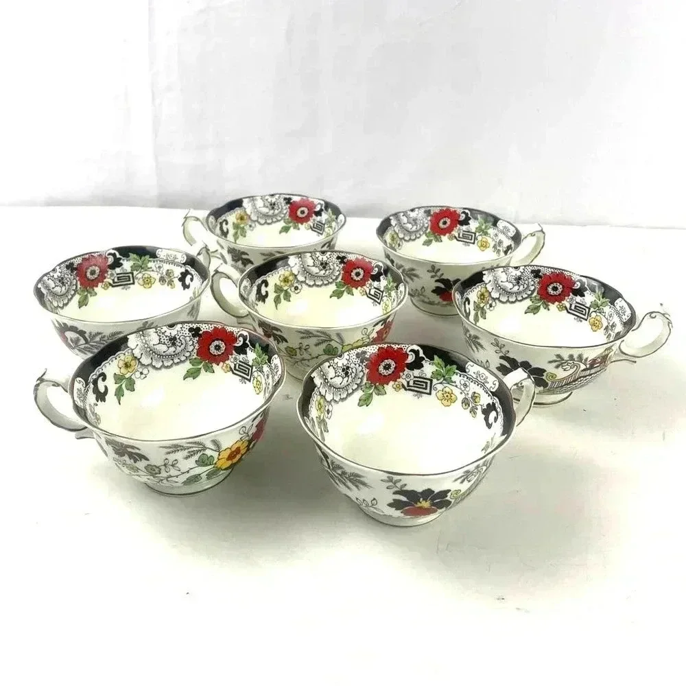 VTG Set of 7 Swansea Tea‎ Cups Floral Pattern Bone China Canton Gold Trim